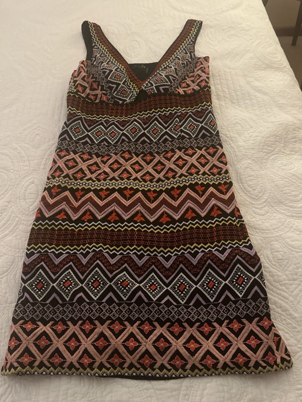 Anthropologie Tribal Print Mini Dress in Black and Coral with Olive Accents.